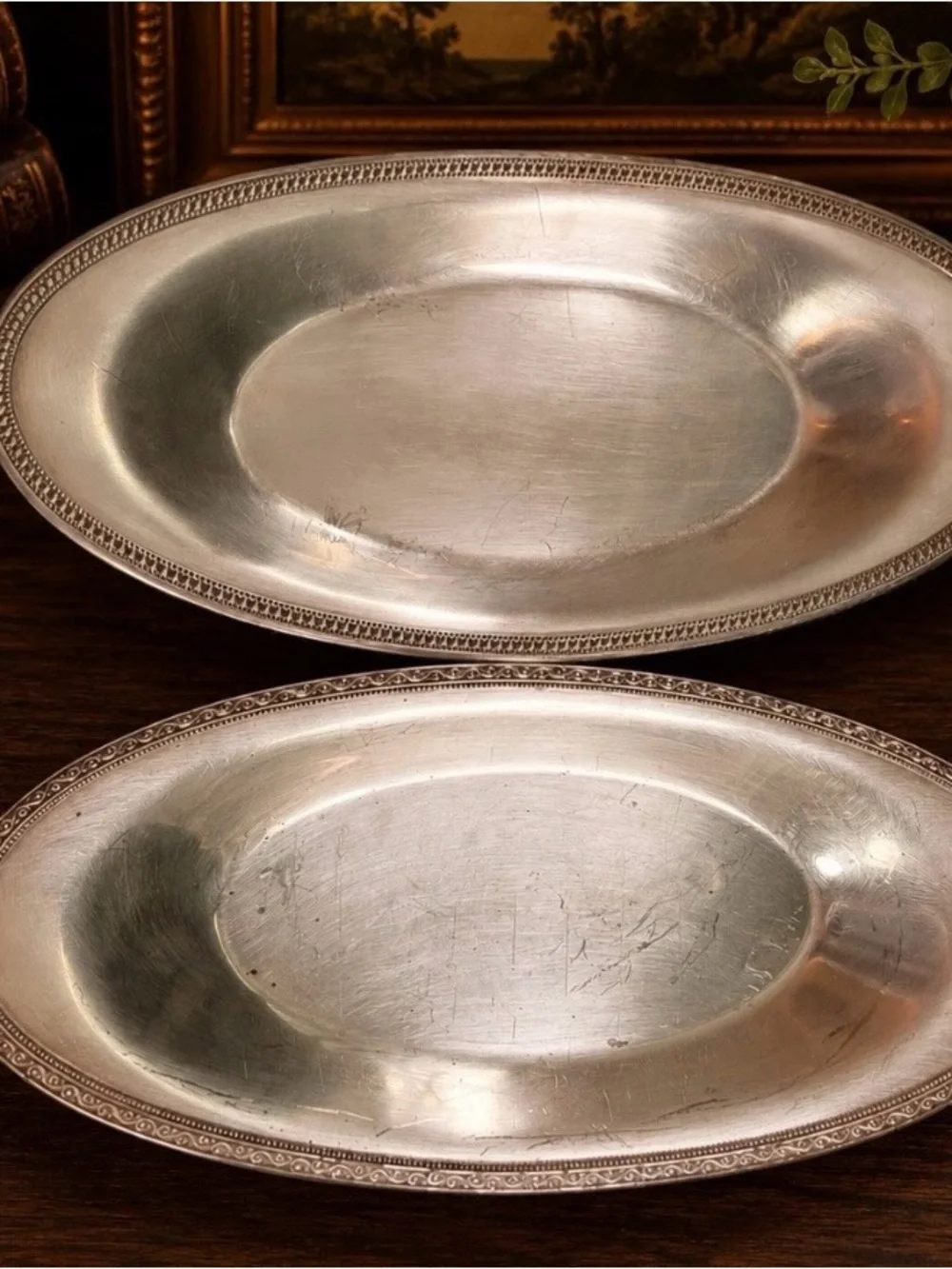 Pair Vintage Oneida Silverplate Oval Serving Dishes 12” Different Rim Patterns